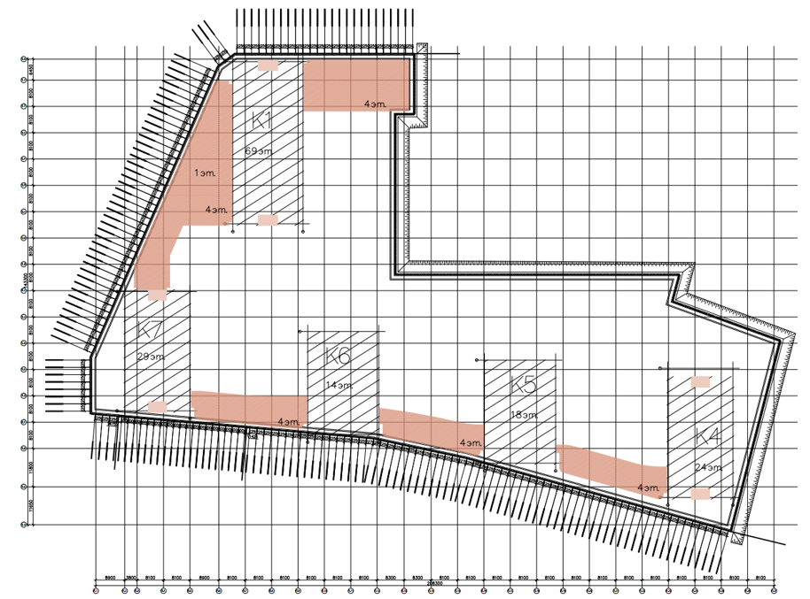 План котлована для устройства подземной части жилого комплекса с ограждением из шпунта Л5-УМ 