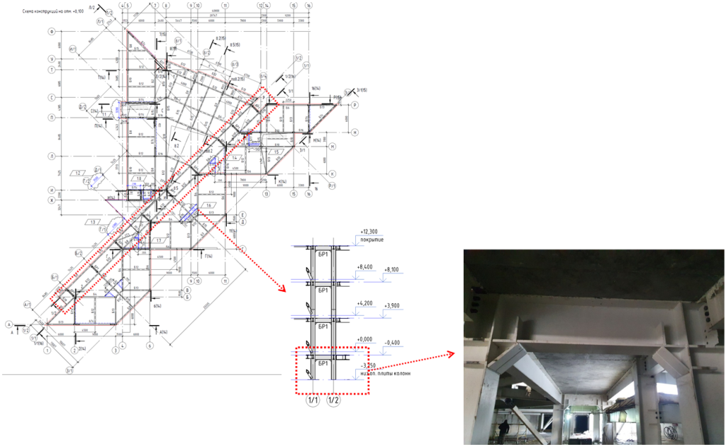 Обеспечение пространственной жёсткости здания П-образными рамами 